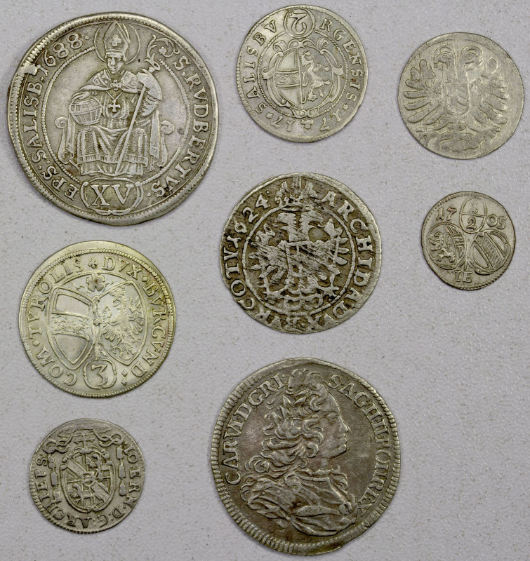 AUSTRIA: LOT of 8 coins, including Hall 3 kreuzer 1660, Prague 6 kreuzer 1733, S...