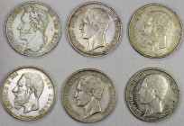 BELGIUM: LOT of 6 silver 5 francs, including 1849 KM-3.2 harshly cleaned VF, 1849, 1851, 1865 KM-17 F-VF, and KM-24 1868 (Position A) and 1870 VF-EF; ...