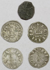 CRUSADER KINGDOMS: LOT of 5 coins, including 4 deniers - including 2 helmeted-bust type of Bohemond III, Majority, 1163-1201 of Antioch; 2 castle type...