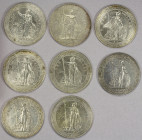 GREAT BRITAIN: LOT of 8 coins, all British Trade Dollars (KM-T5), dated 1899-B (2 pcs), 1901-B, 1902-B, 1910-B, 1911-B (2), and 1912-B; average circul...