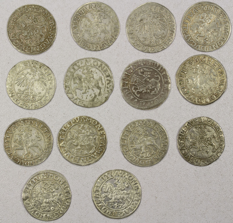 LITHUANIA: LOT of 14 coins, including 1/2 groschen coins, 13 of Sigismund II (15...