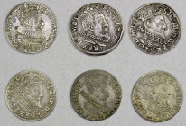 POLAND: Sigismund III, 1587-1632, LOT of 6 AR 3 groschen, including 4 from the Kraków Mint (1618, 1622, 1623, and 1624), one from Malbork (1594), and ...