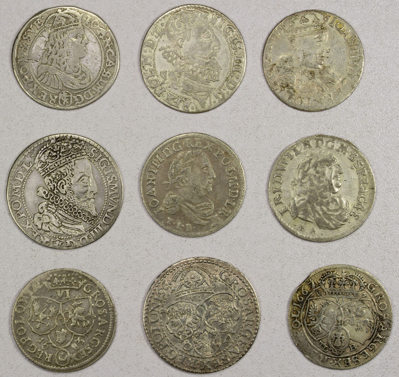 POLAND: LOT of 9 pieces, including 6-groschen, dated from 1596 to 1683; retail v...