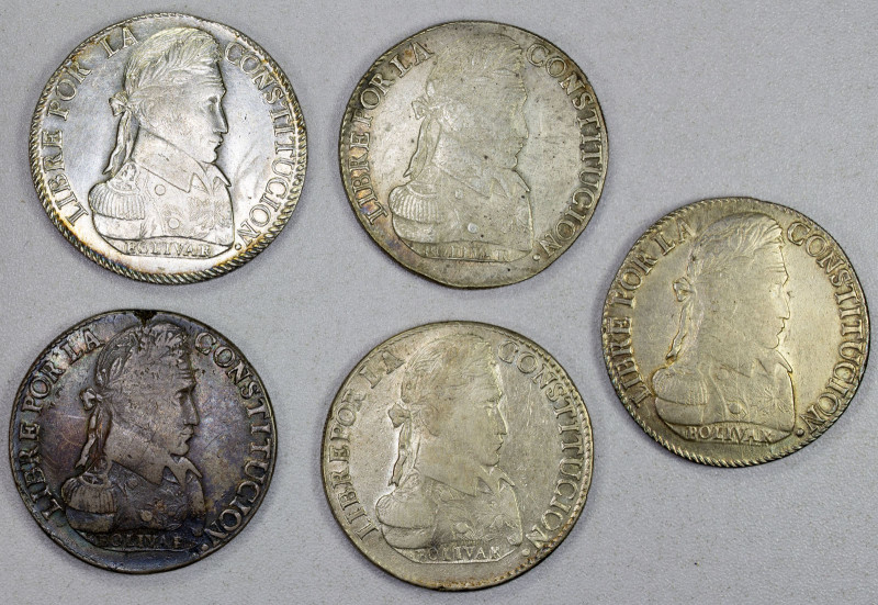 BOLIVIA: Republic, LOT of 5 AR 8 soles, KM-97, including 1827 JM, 1833 LM, 1832 ...