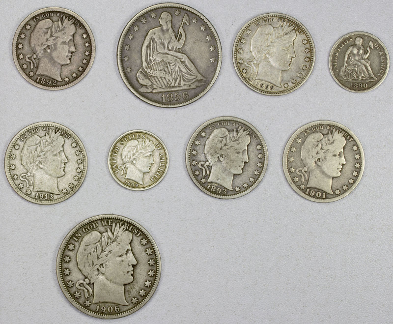 UNITED STATES: LOT of 9 coins, a nice group of silver coins, including Seated Li...