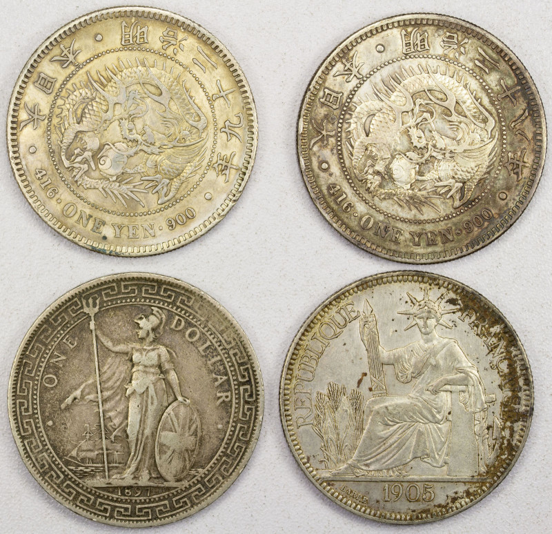 ASIA: LOT of 4 coins, including silver crown-size coins; Great Britain trade dol...