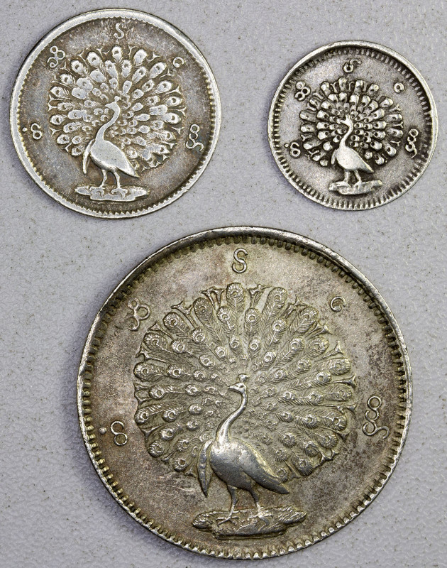 BURMA: LOT of 3 silver coins, 1853-1878, all with peacock, including 1 kyat (KM-...