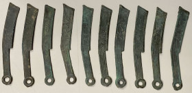 WARRING STATES: LOT of 10 items, State of Yan, ming dao "knife money", cast 400-220 BC, much better than average quality examples, a wonderful selecti...