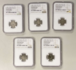 KWANGTUNG: LOT of 5 coins, group of Kuang Hsu silver 10 cents ND (1890-1908) Y-200, L&M-136 type with large Chinese merchant chopmarks, all in NGC hol...