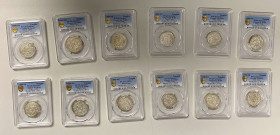 TIBET: LOT of 12 ga-den tangkas, all Rhodes Type B (mostly variety IV), all PCGS-certified AU details (cleaned) except one AU53; retail value $1000, l...