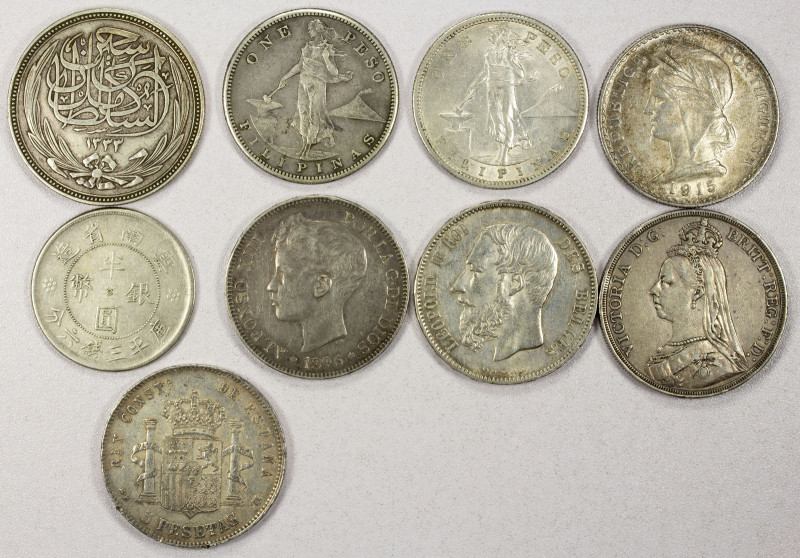 WORLDWIDE: LOT of 9 silver crowns, including Yunnan 50 cents, Philippines peso 1...