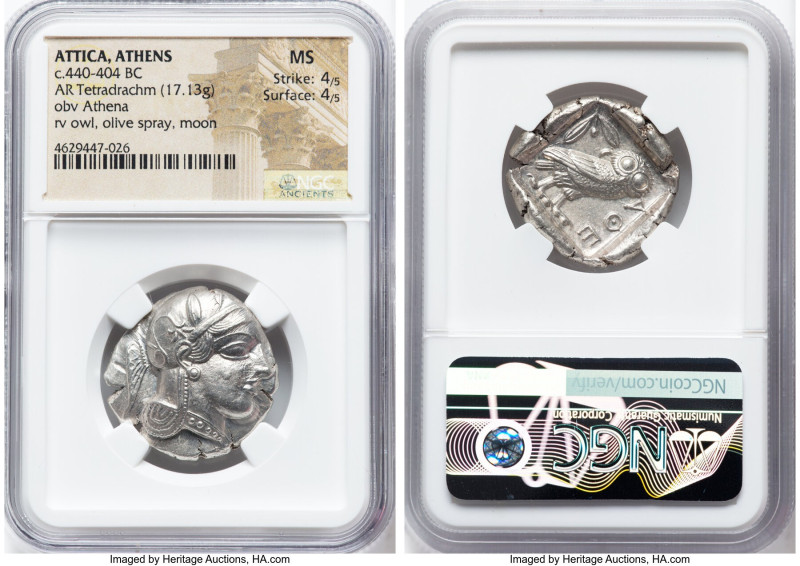 ATTICA. Athens. Ca. 440-404 BC. AR tetradrachm (26mm, 17.13 gm, 8h). NGC MS 4/5 ...