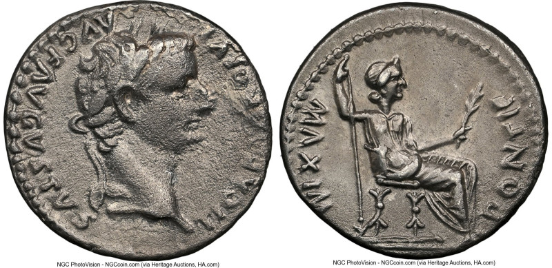 Tiberius (AD 14-37). AR denarius (18mm, 5h). NGC VF. Lugdunum, AD 18-35. TI CAES...