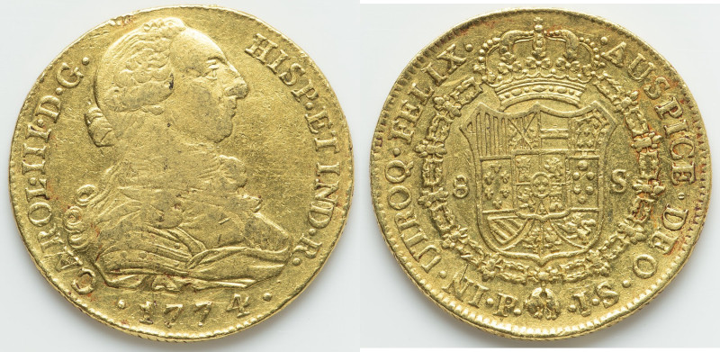 Charles III gold 8 Escudos 1774 P-JS XF, Popayan mint, KM50.2, Cal-2040. 36.6mm....