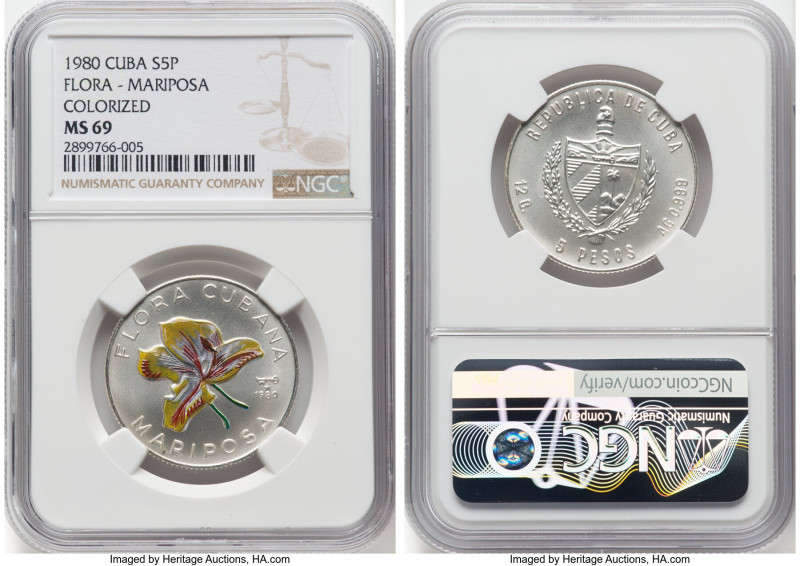 Republic 3-Piece Lot of Certified silver Colorized "Flora" 5 Pesos NGC, 1) 5 Pes...