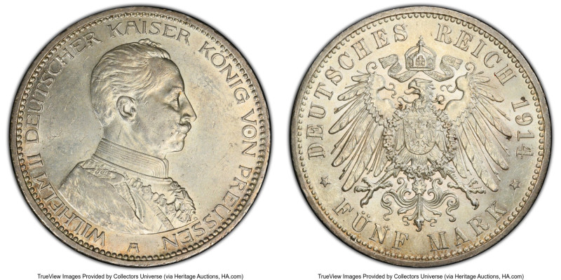 Prussia. Wilhelm II 5 Mark 1914-A MS61 PCGS, Berlin mint, KM536, J-114. Two year...