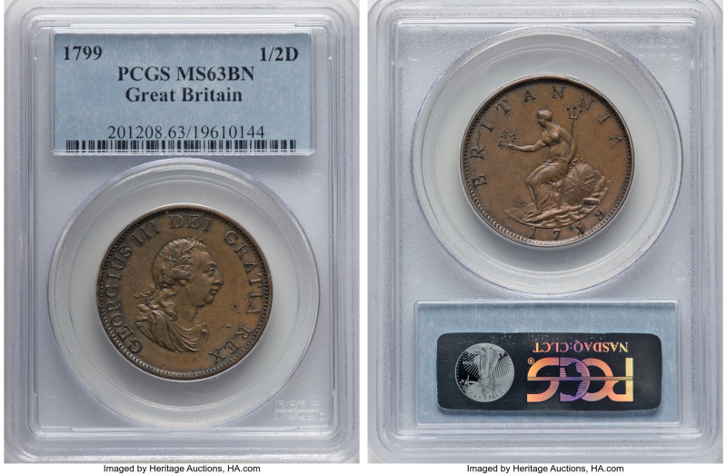 George III Pair of Certified 1/2 Pennies, 1) 1/2 Penny 1799-SOHO - MS63 Brown PC...