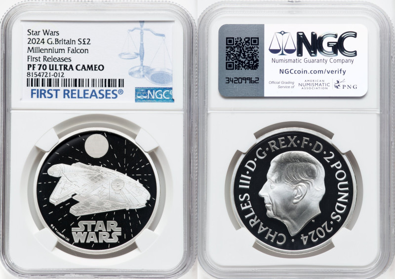 Charles III silver Proof "Millennium Falcon" 2 Pounds (1 oz) 2024 PR70 Ultra Cam...