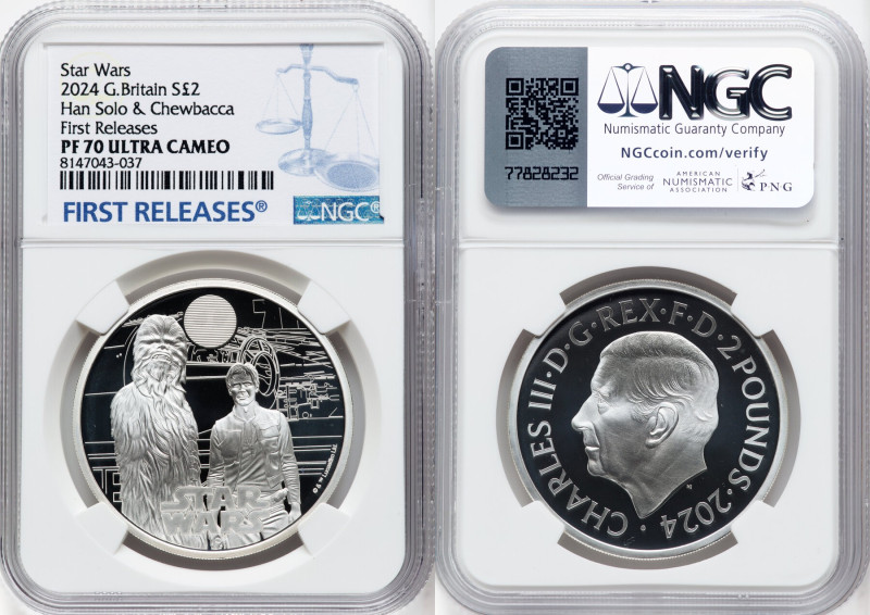 Charles III silver Proof "Han Solo & Chewbacca" 2 Pounds (1 oz) 2024 PR70 Ultra ...