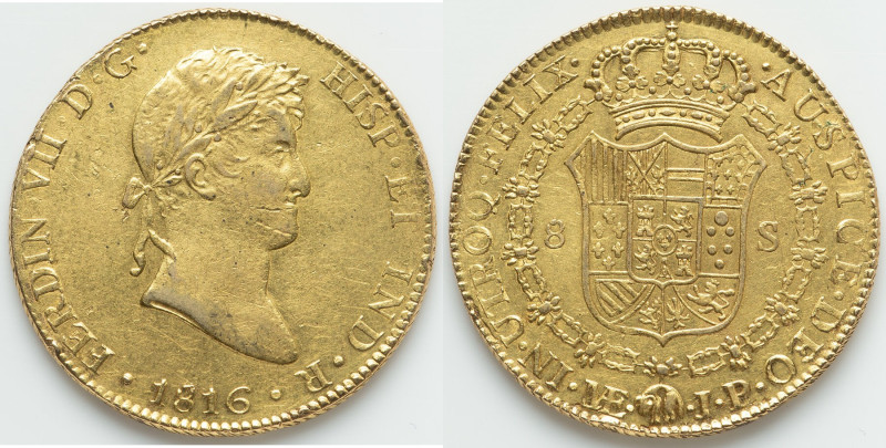 Ferdinand VII gold 8 Escudos 1816 LM-JP XF, Lima mint, KM129.1, Cal-1763. 35.8mm...