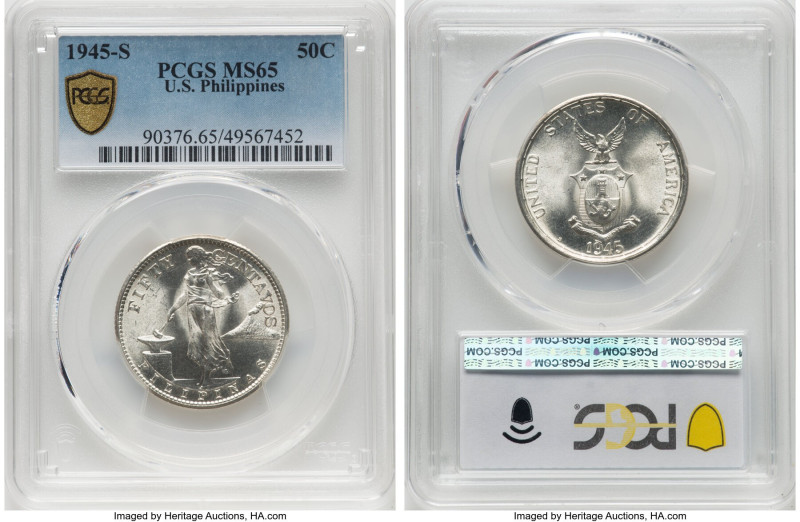 USA Administration 50 Centavos 1945-S MS65 PCGS, San Francisco mint, KM183. Two-...