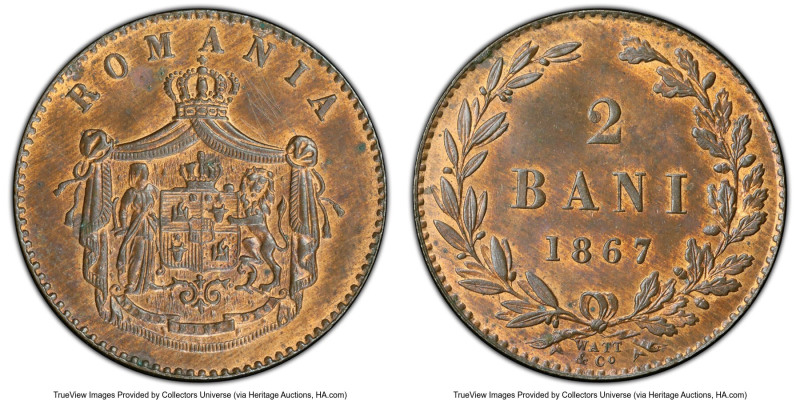 Carol I 2 Bani 1867-W UNC Details (Graffiti) PCGS, Watt & Co. mint, KM2.2, Schäf...