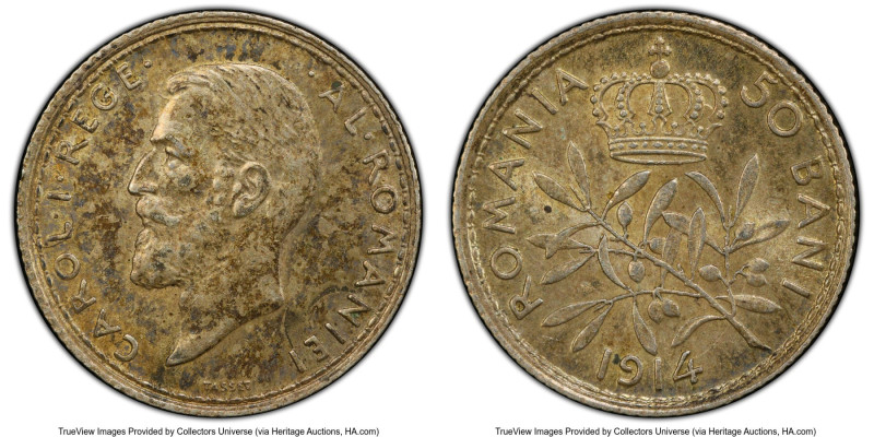 Carol I 50 Bani 1914 AU58 PCGS, Hamburg mint, KM41, Schäffer/Stambuliu-77. From ...