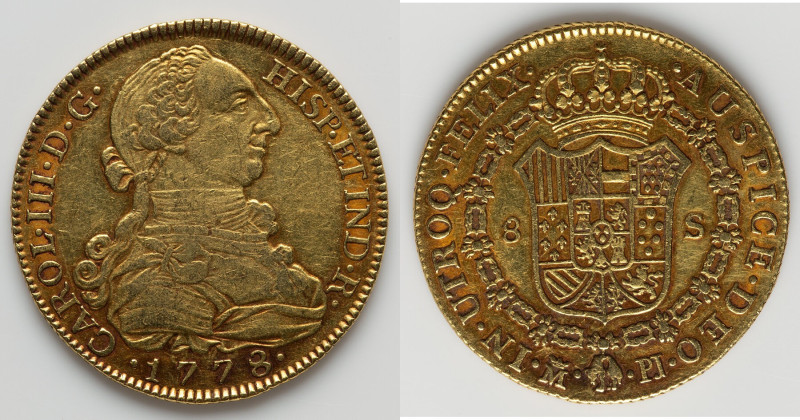 Charles III gold 8 Escudos 1778 M-PJ XF (Obverse Scratch), Madrid mint, KM409.1,...