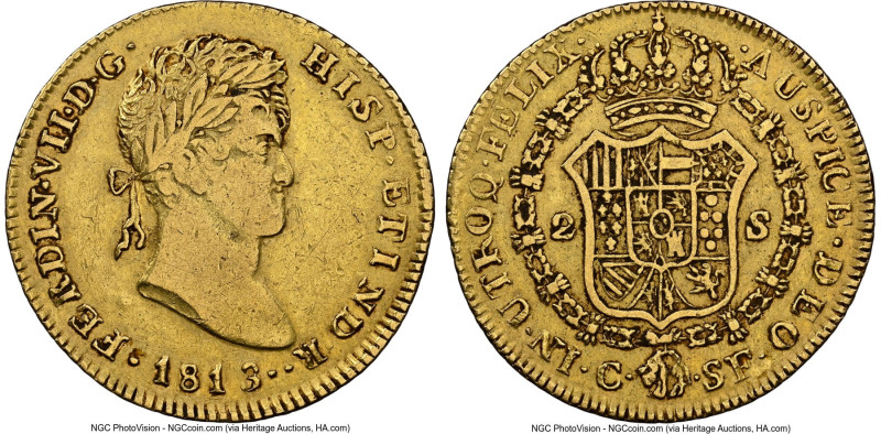 Ferdinand VII gold 2 Escudos 1813 C-SF VF30 NGC, Catalonia mint, KM469, Fr-312, ...