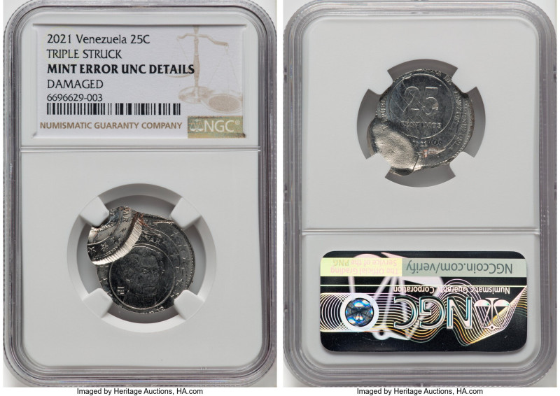 Republic Mint Error - Triple Struck 25 Centimos 2021 UNC Details (Damaged) NGC, ...