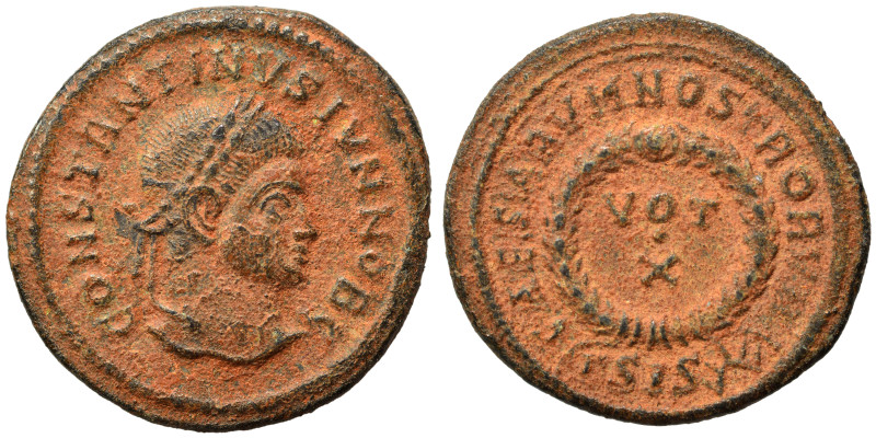 Constantine II, as Caesar, 316-337. Follis (bronze, 2.86 g, 20 mm), Siscia. CONS...