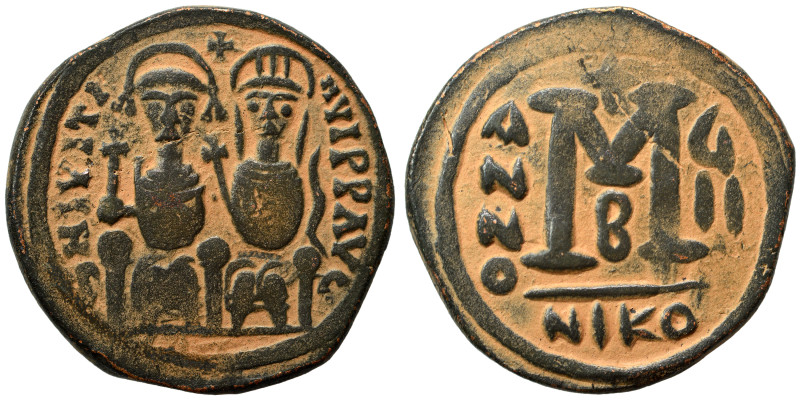 Justin II, with Sophia, 565-578. Follis (bronze, 11.13 g, 27 mm), Nicomedia. Jus...