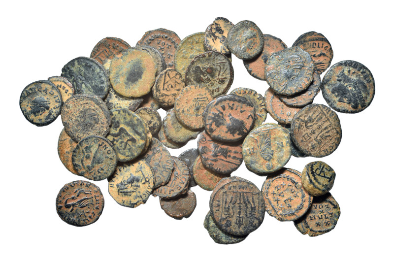 Group lot of circa 50 Ancient, mostly Roman Imperial coins, some repatinated. G ...