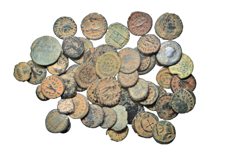 Group lot of circa 50 Ancient, mostly Roman Imperial coins, some repatinated. G ...