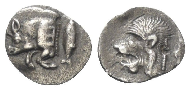 Mysien. Kyzikos.

 Obol (Silber). Ca. 450 - 400 v. Chr.
Vs: Vorderteil eines ...