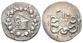 Ionien. Ephesos.

 Cistophor (Silber). 82 / 81 v. Chr. (Jahr 53).
Vs: Cista mystica mit halbgeöffnetem Deckel, aus der sich nach links eine Schlang...