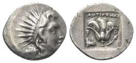 Inseln vor Karien. Rhodos.

 Drachme (Silber). Ca. 190 - 170 v. Chr.
Vs: Kopf des Helios mit Strahlenkrone rechts.
Rs: P - O. Rose mit Knospe auf ...