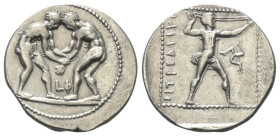 Pamphylien. Aspendos.

 Stater (Silber). Ca. 380 - 325 v. Chr.
Vs: Zwei Ringer einander gegenüber, der linke packt mit beiden Händen den linken Arm...