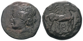 Zeugitania. Karthago.

 Bronze. Ca. 220 - 215 v. Chr.
Vs: Kopf der Tanit mit Ährenkranz links.
Rs: Pferd vor Palme nach rechts stehend, zwischen d...