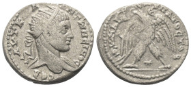 Seleukis und Pierien. Antiochia am Orontes. Elagabalus (218 - 222 n. Chr.).

 Tetradrachme (Billon).
Vs: Büste mit Strahlenkrone und Drapierung übe...