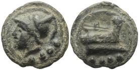 Aes Grave. Anonym.

 Triens (Bronzeguss). 225 - 217 v. Chr. Rom.
Vs: Kopf der Minerva mit korinthischem Helm nach links, darunter vier Kugeln. 
Rs...