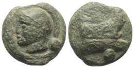 Aes Grave. Anonym.

 Uncia (Bronzeguss). 225 - 217 v. Chr. Rom.
Vs: Kopf der Roma mit attischem Helm nach links, unten rechts Wertkugel. 
Rs: Pror...