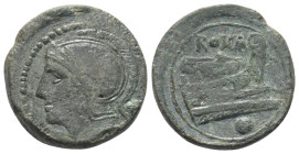 Anonyme Prägungen.

 Uncia (Bronze). 217 - 215 v. Chr. Rom.
Vs: Kopf der Roma mit attischem Helm links, dahinter Kugel.
Rs: ROMA. Schiffsprora rec...