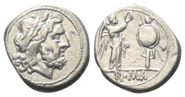 Anonyme Prägungen.

 Victoriat (Silber). Nach 211 v. Chr. Rom.
Vs: Kopf des Jupiter mit Lorbeerkranz rechts.
Rs: Victoria nach rechts stehend und ...
