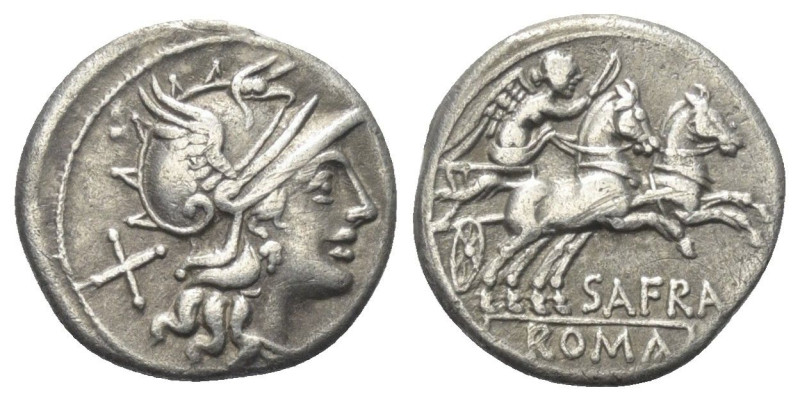 S. Afranius.

 Denar (Silber). 150 v. Chr. Rom.
Vs: Kopf der Roma mit geflüge...