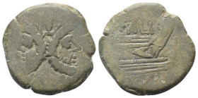 M. Atilius Saranus.

 As (Bronze). 148 v. Chr. Rom.
Vs: Belorbeerter Doppelkopf des Janus, darüber Wertzahl I.
Rs: Prora nach rechts, darüber [M A...