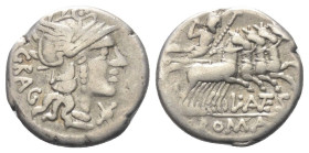 L. Antestius Gragulus.

 Denar (Silber). 136 v. Chr. Rom.
Vs: GRAG. Kopf der Roma mit geflügeltem Greifenkopfhelm rechts, davor Wertzeichen.
Rs: L...