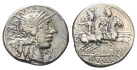 Q. Minucius Rufus.

 Denar (Silber). 122 v. Chr. Rom.
Vs: RVF. Kopf der Roma mit geflügeltem Helm rechts, davor Wertzeichen.
Rs: Q MINV / ROMA. Di...