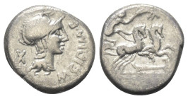 M. Cipius.

 Denar (Silber). 115 - 114 v. Chr. Rom.
Vs: M CIPI M F. Kopf der Roma mit geflügeltem Helm rechts, dahinter Wertzeichen.
Rs: [ROMA]. V...