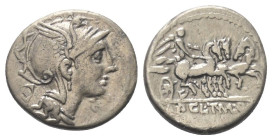Appius Claudius Pulcher mit T. Manlius Mancinus und Q. Urbinius.

 Denar (Silber). 111 oder 110 v. Chr. Rom.
Vs: Kopf der Roma mit geflügeltem Helm...